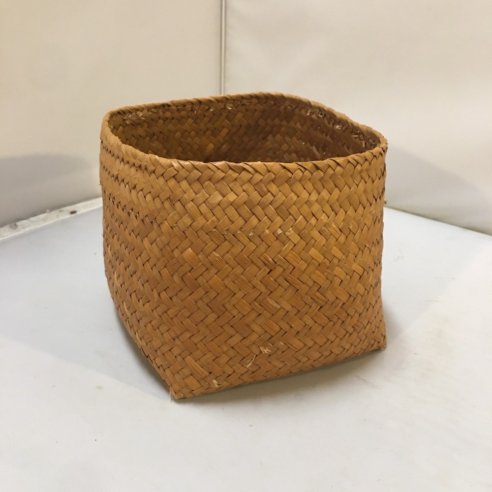 Woven Straw Basket Small Tan Handcrafted Square Base Storage Beach Coastal